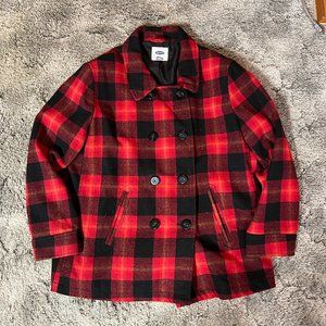 Old Navy Pea Coat Womens XXLarge Red Black Gold Buffalo Plaid Wool Blend